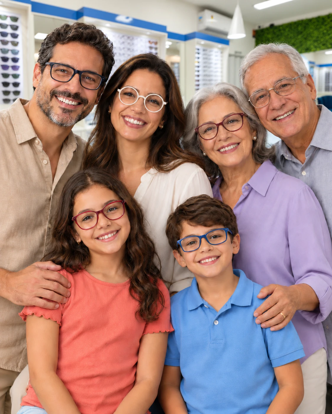Família com pais, filhos e avós usando diferentes estilos de óculos
